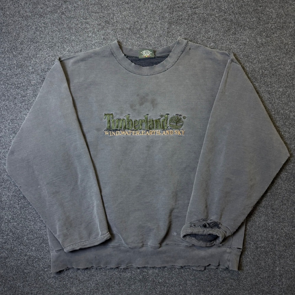 Vintage Timberland Sweatshirt Mens XXL Gray Thrashed Faded Logo Distressed
